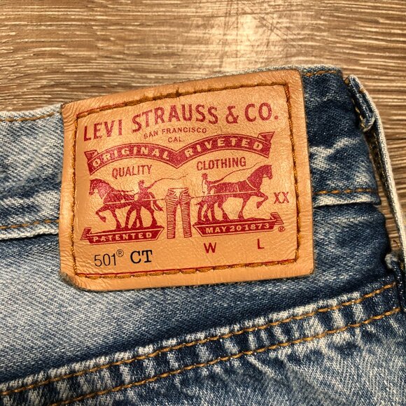 Levis 501 CT Jeans Mens 34x27 Light Stonewash Distressed Button Fly Taper - Picture 6 of 13